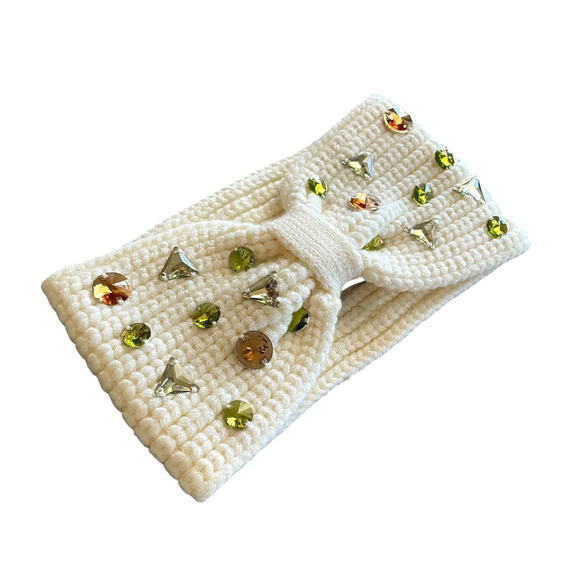 ANTHROPOLOGIE Cream Knit Crystal Embellished Autumn Weather 4" Head Warmer NEW - Picture 6 of 6